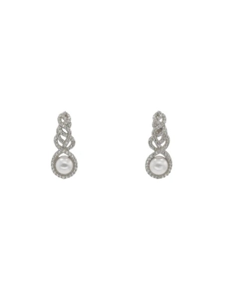 Silver earrings with intertwined zirconia and central pearl