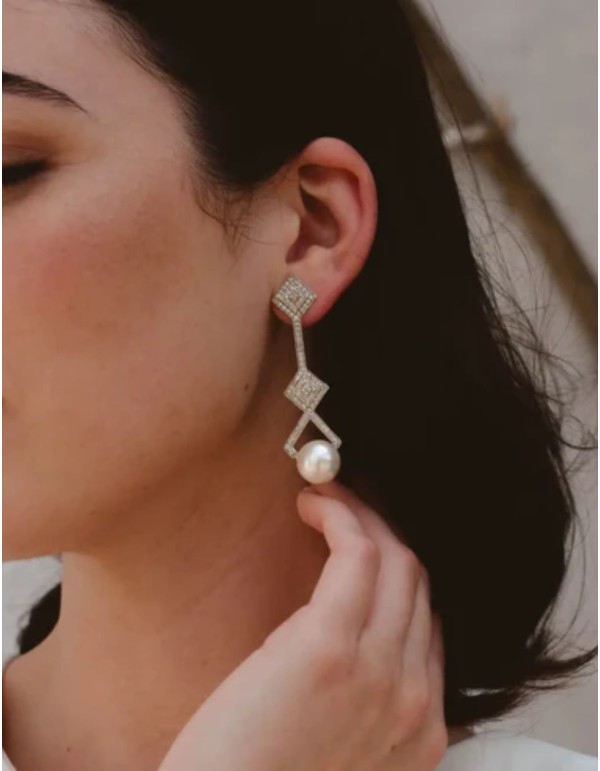 Pendientes en plata de formas geométricas con circonitas y perla 2