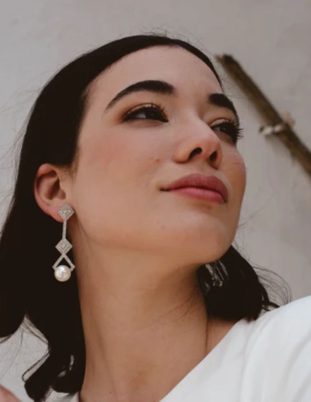 Sterling silver earrings in geometric shapes with zirconia and pearl