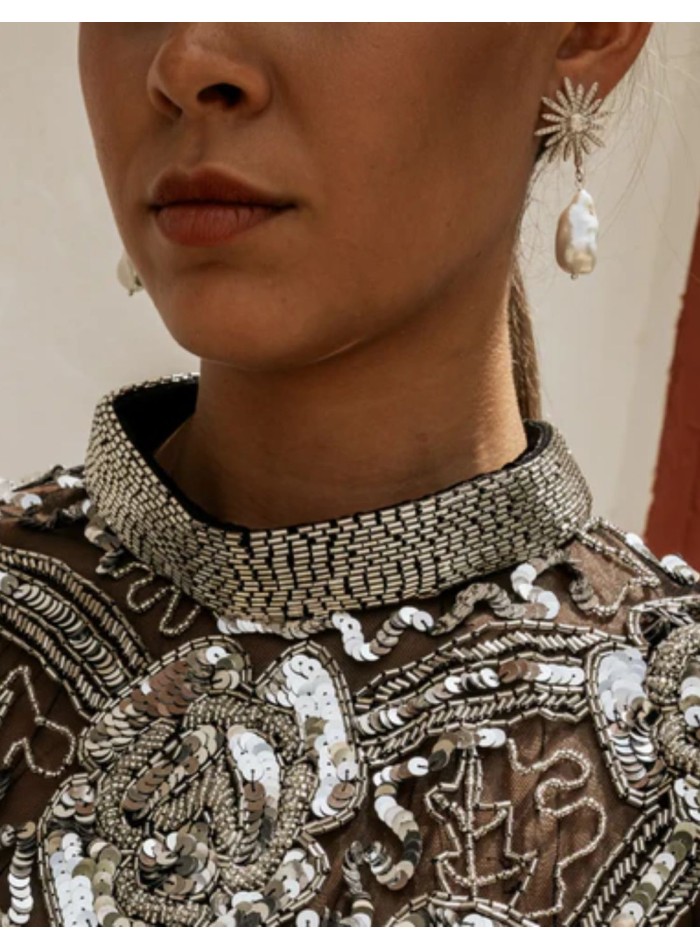 Long silver earrings with star and baroque...