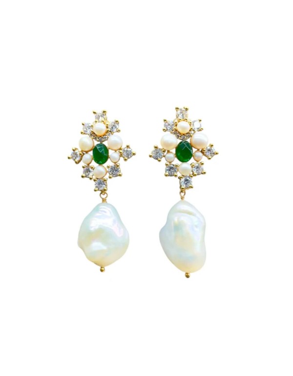 Long earrings with stone, zirconia and pearl
