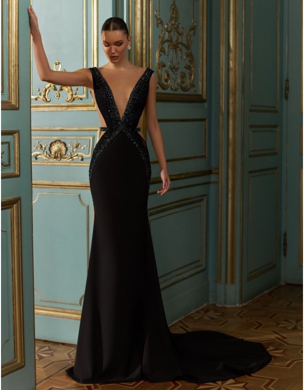 Stretch satin party dress with embroidered rhinestones