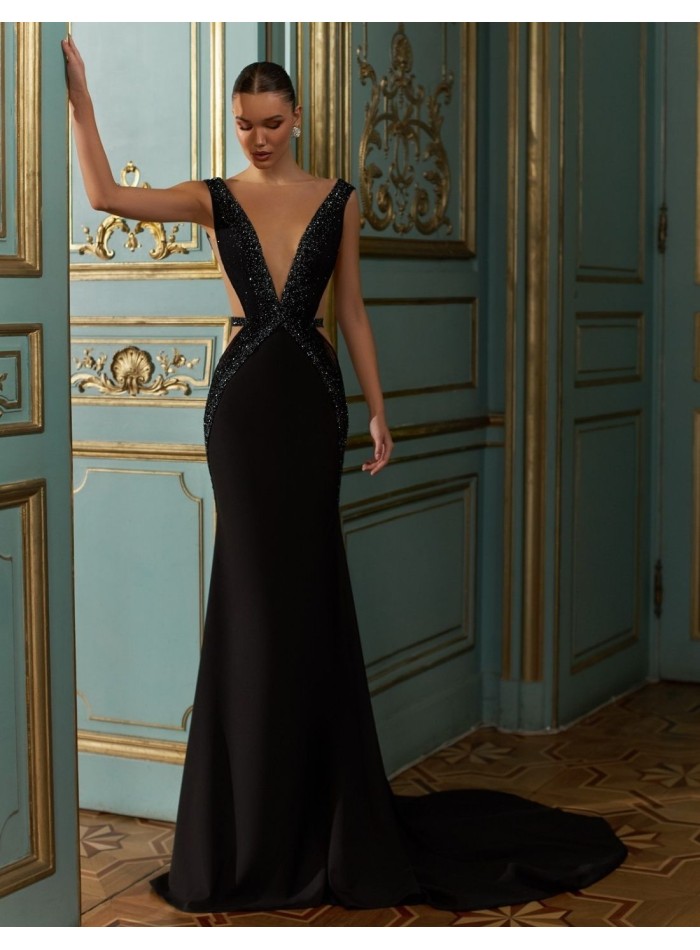 Stretch satin party dress with embroidered...