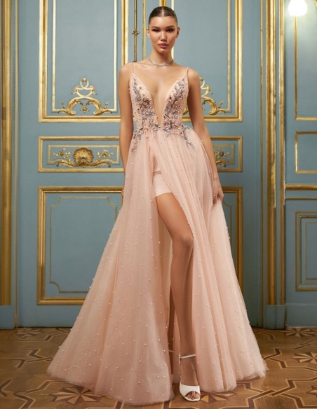 Peach shiny tulle dress with lace and rhinestones