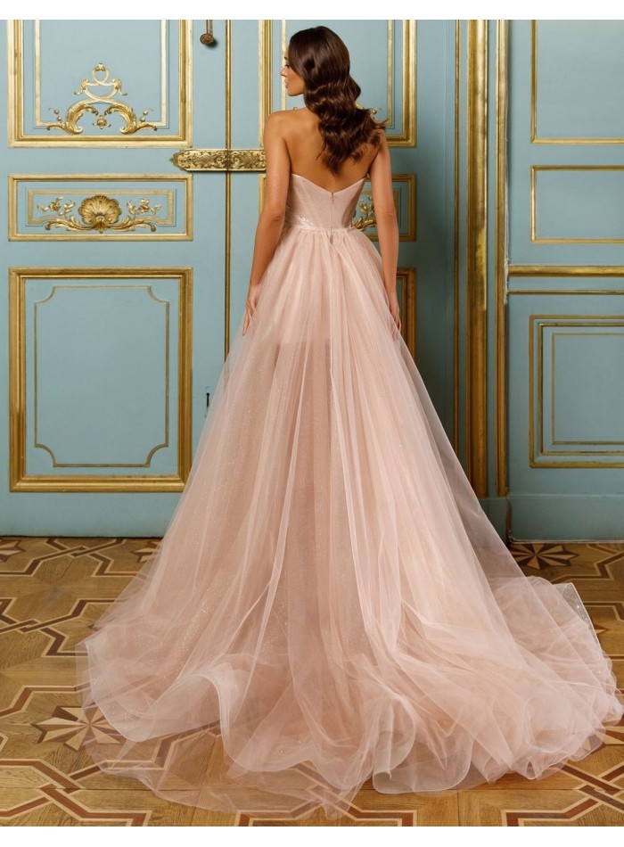 Vestido de fiesta corte A melocotón con encaje y pedrería para galas