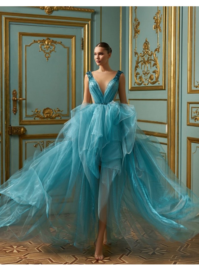 Turquoise organza party dress with rhinestones...