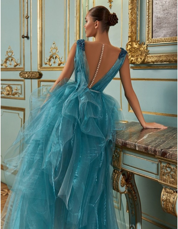 Turquoise organza party dress with rhinestones embroidery 2