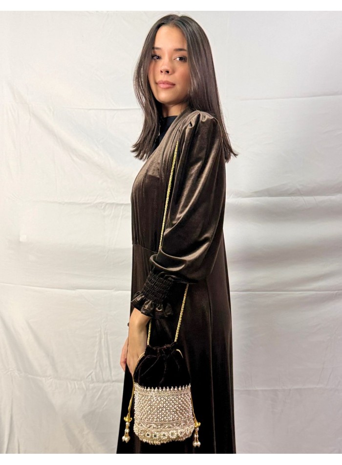 Brown velvet bonbonniere with pearls and golden...