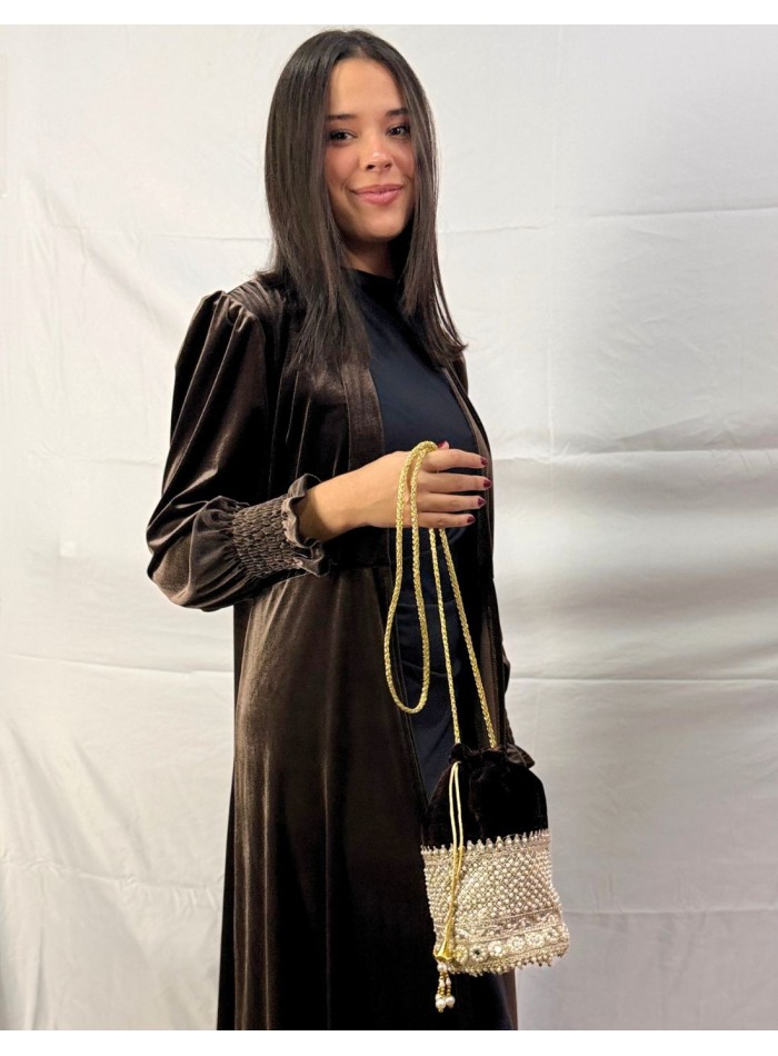 Brown velvet bonbonniere with pearls and golden...