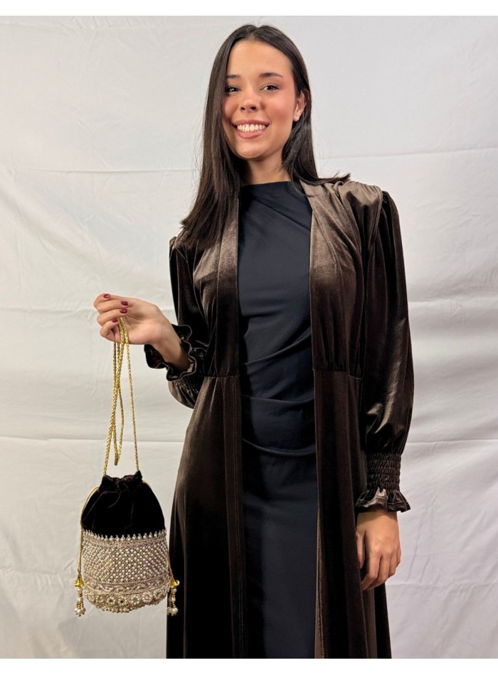 Brown velvet bonbonniere with pearls and golden...