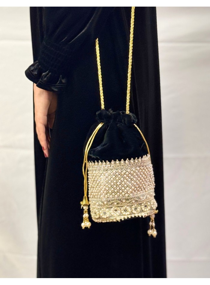 Black velvet bonbonniere with gold and pearl...