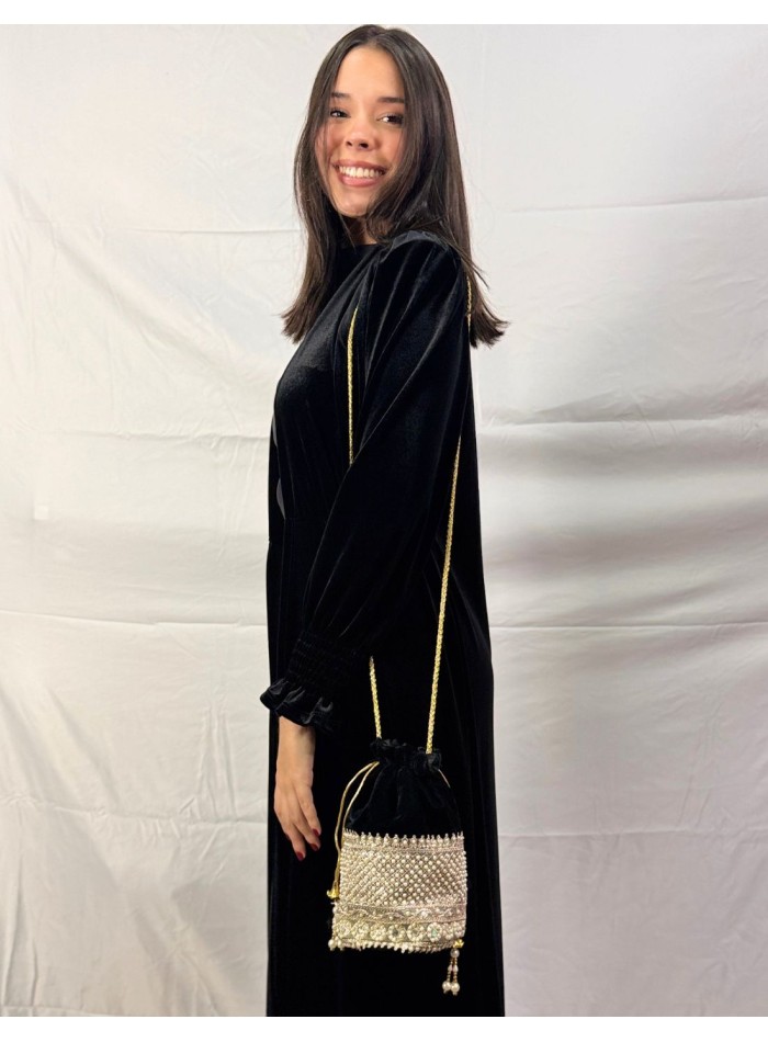 Black velvet bonbonniere with gold and pearl...