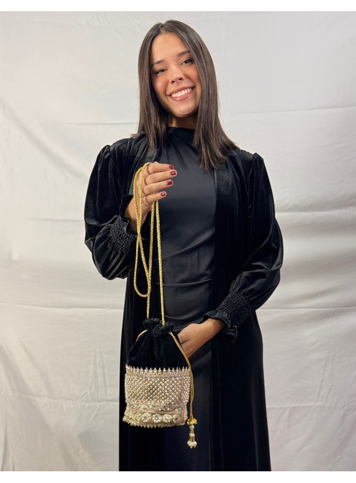 Black velvet bonbonniere with gold and pearl...