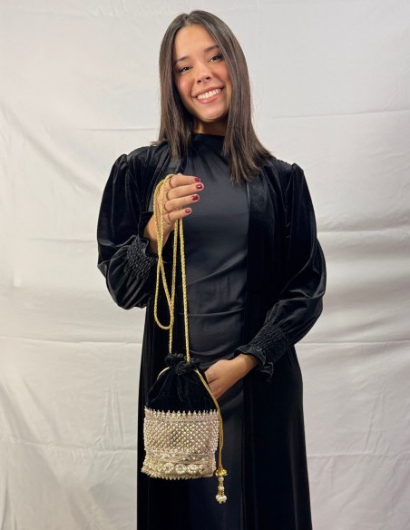 Black velvet bonbonniere with gold and pearl details