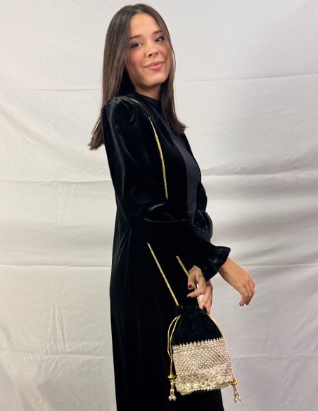 Black velvet bonbonniere with gold and pearl details