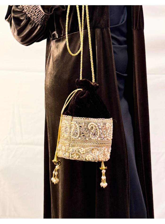 Brown velvet bonbonniere with pearl and...