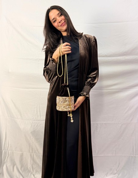 Brown velvet bonbonniere with pearl and rhinestone detailing