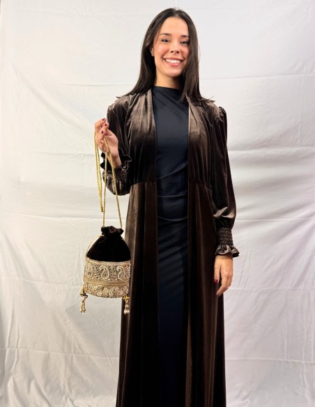 Brown velvet bonbonniere with pearl and rhinestone detailing