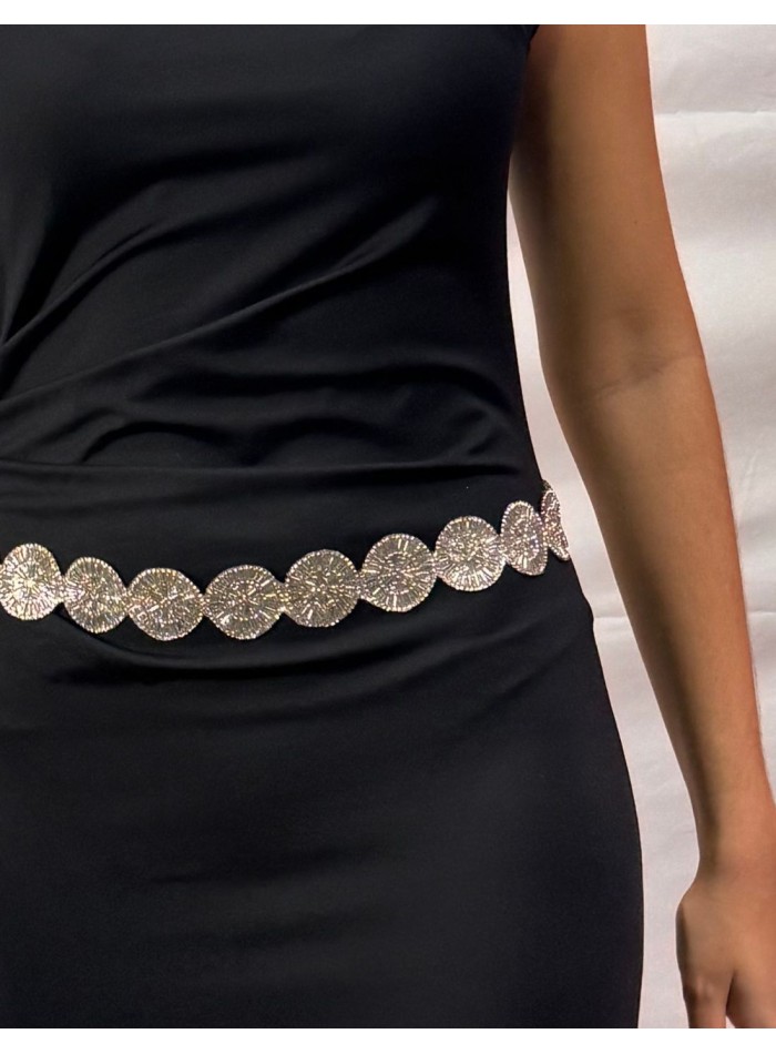 Party belt with silver rhinestone flowers