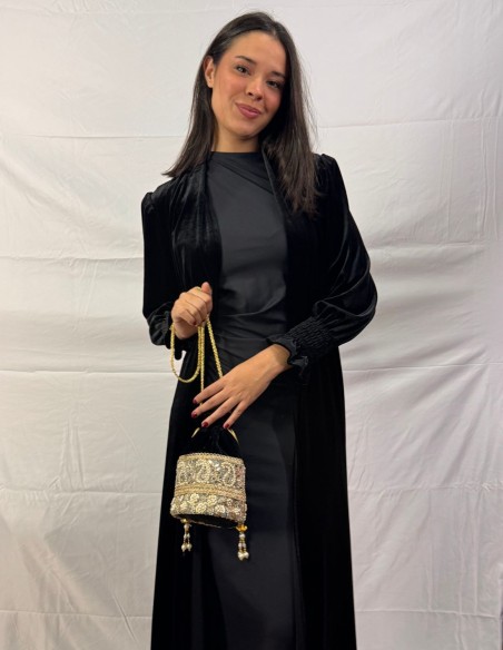 Black velvet bonbonniere with rhinestones and pearls