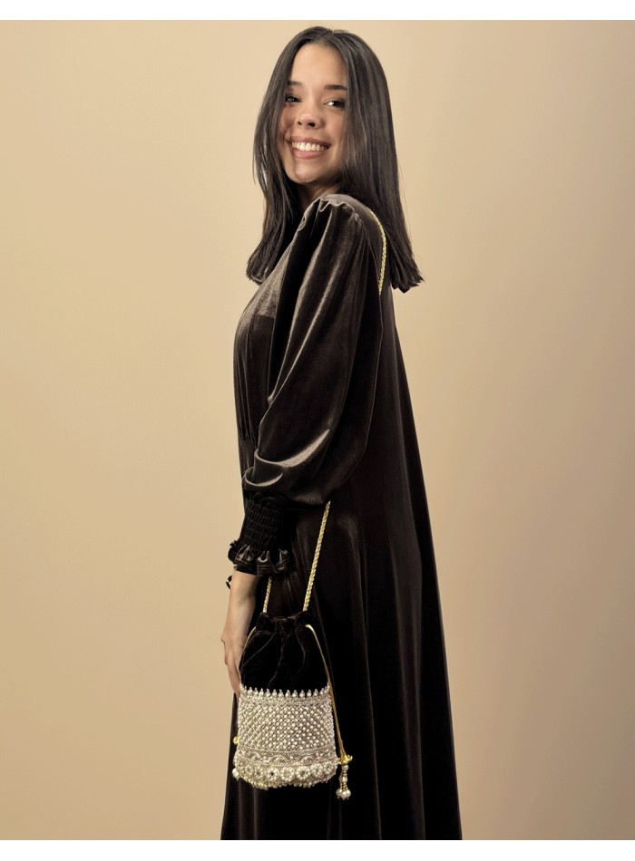 Brown velvet bonbonniere with pearls and golden...