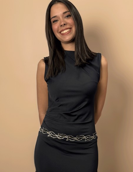 Cinturón de fiesta de pedrería negra con forma de hojas