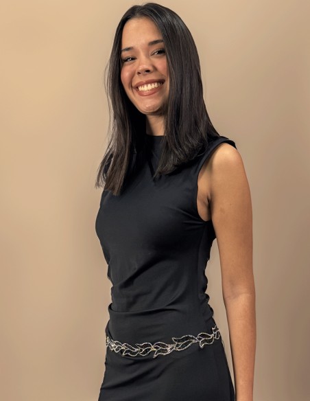 Cinturón de fiesta de pedrería negra con forma de hojas para invitada