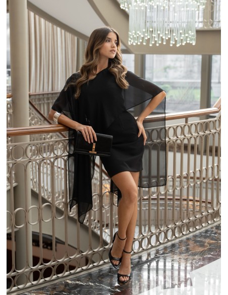 Short black party dress with asymmetrical neckline and cape