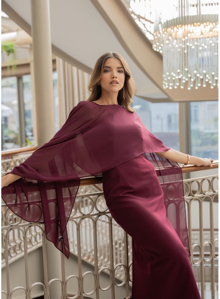Midi dress with asymmetrical burgundy neckline...