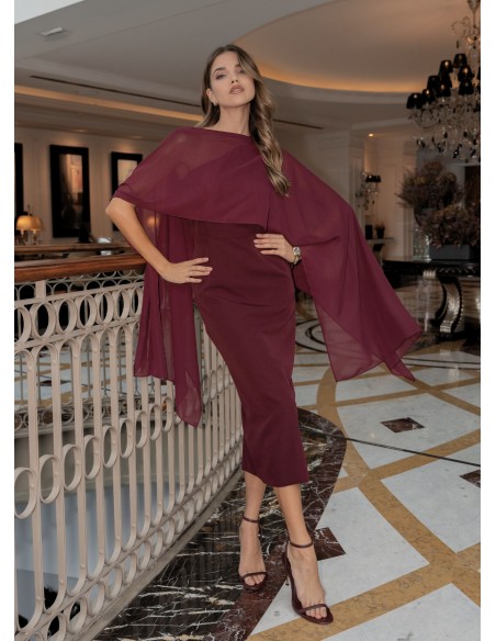 Midi dress with asymmetrical burgundy neckline and chiffon cape