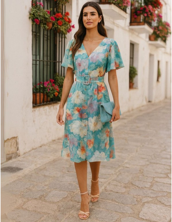 Robe midi imprimée avec boutons et jupe volantée