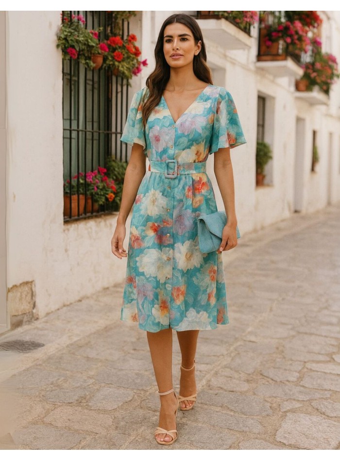 Vestido midi estampado con botones y falda de vuelo
