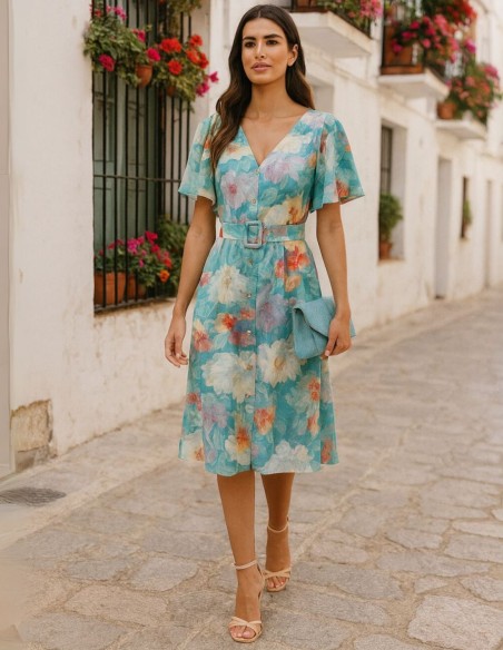 Robe midi imprimée avec boutons et jupe volantée