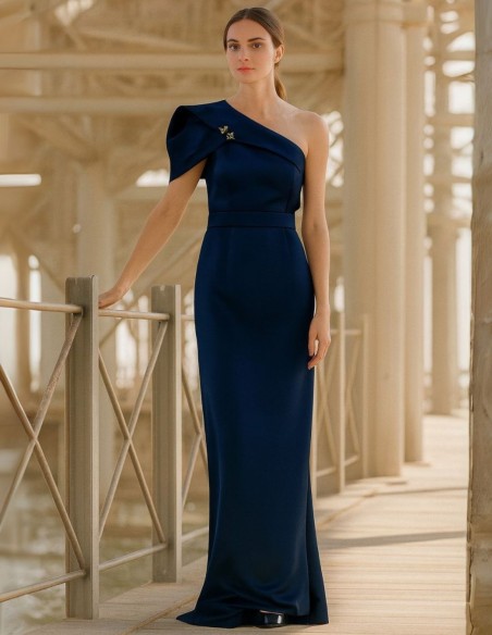 Navy blue satin party dress with asymmetrical design