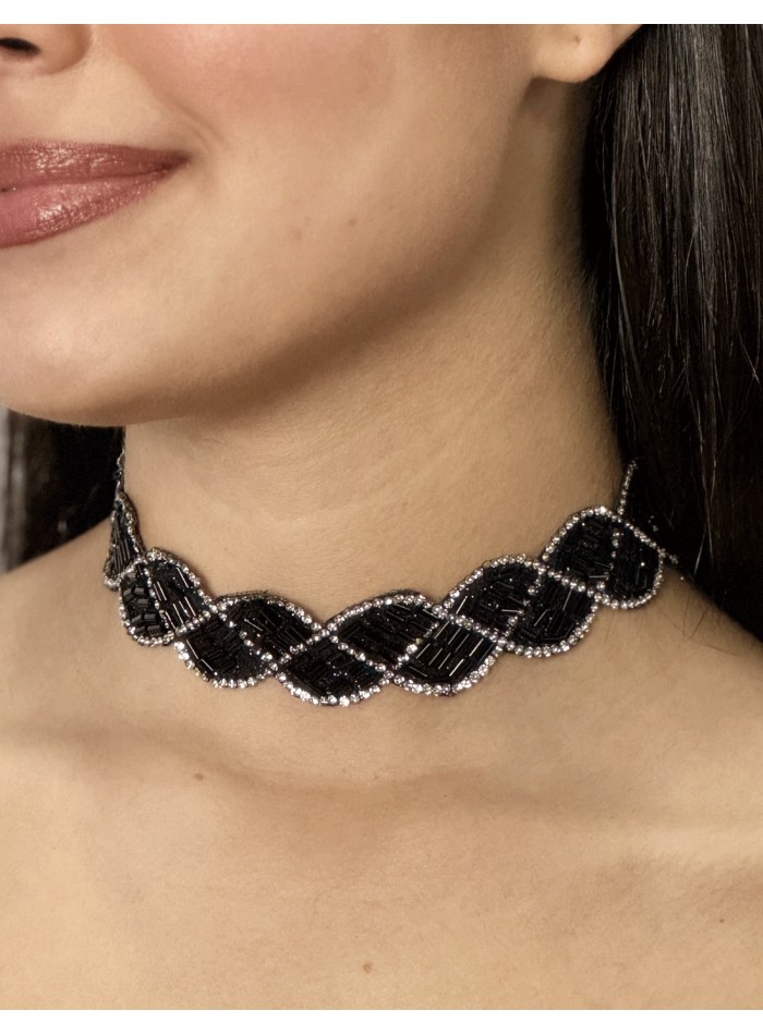 Black and silver rhinestone choker