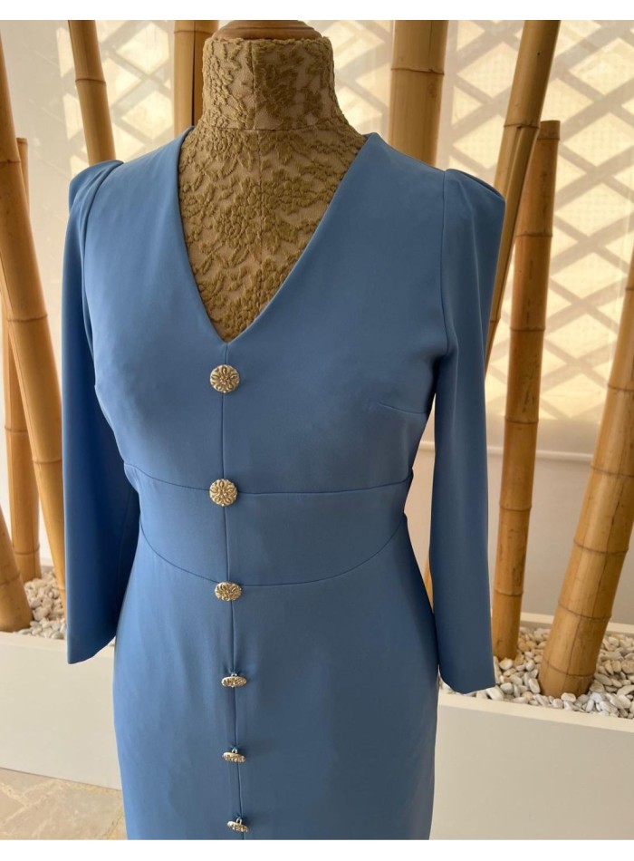 Elegant midi dress with gold buttons and fitted...