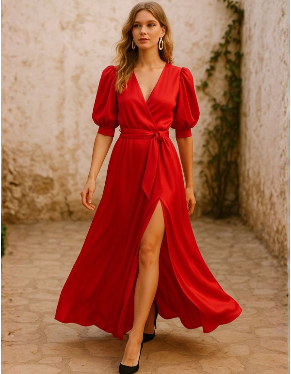 Robe d'invité longue avec décolleté en V et manches...