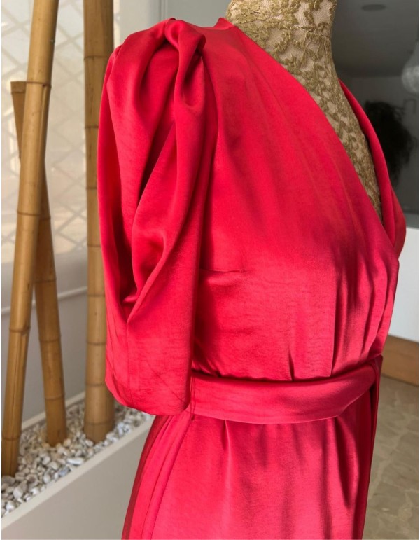 Long guest dress with V-neckline and puffed sleeves 2