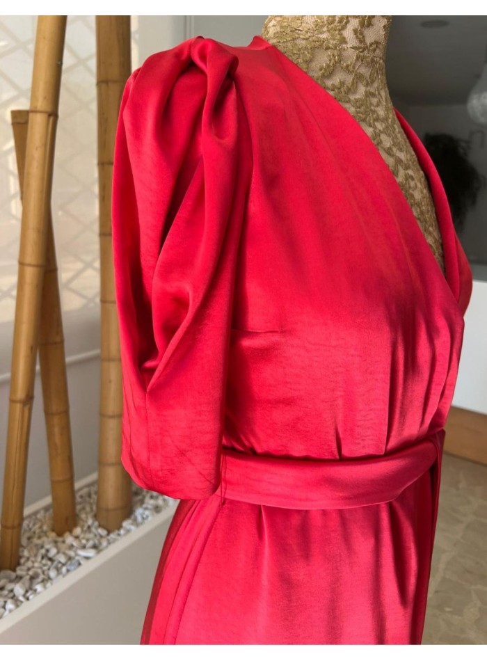 Long guest dress with V-neckline and puffed...