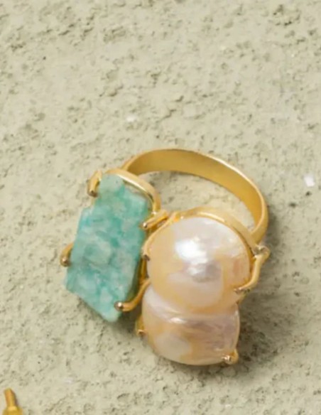 Bague plaquée or avec perles baroques et aigue-marine naturelle