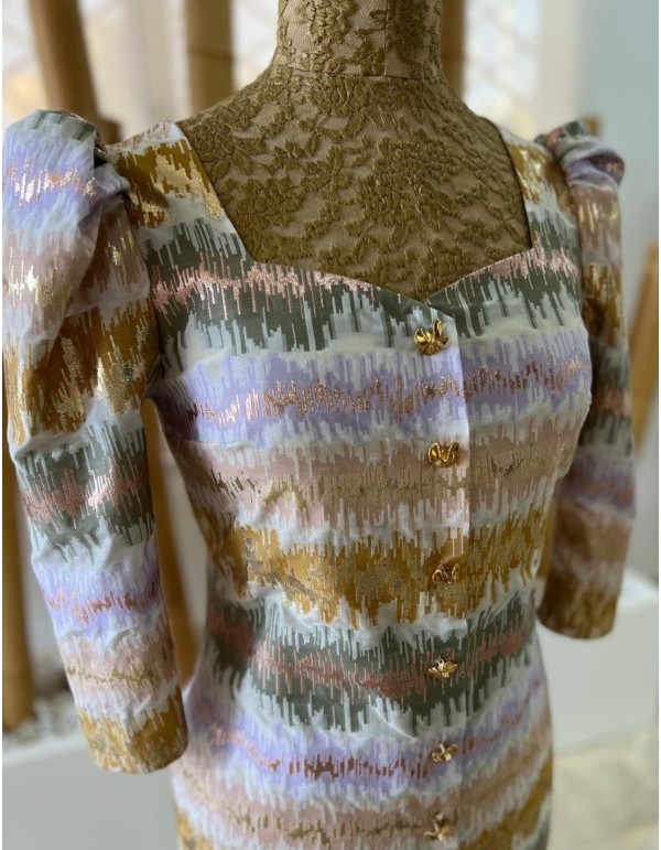 Straight jacquard cocktail dress with gold buttons and belt 2