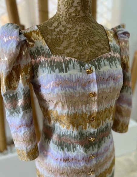 Straight jacquard cocktail dress with gold buttons and belt