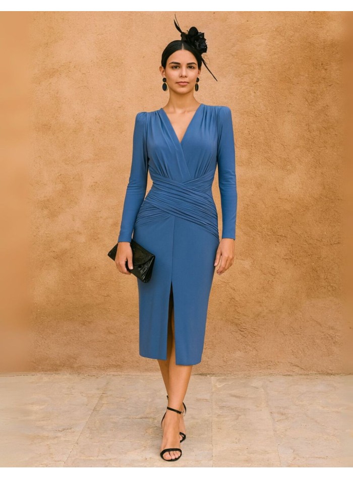 Knitted midi dress with crossover neckline