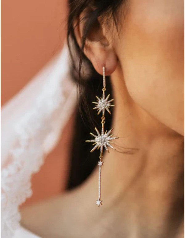 Pendientes largos en plata de estrellas con circonitas 2