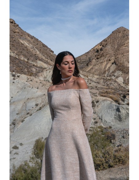 Vestido midi de tweed con escote Bardot y falda evasé para eventos especiales
