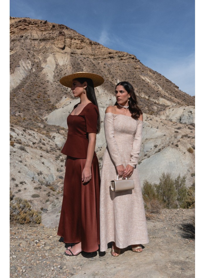 Tweed midi dress with Bardot neckline and...