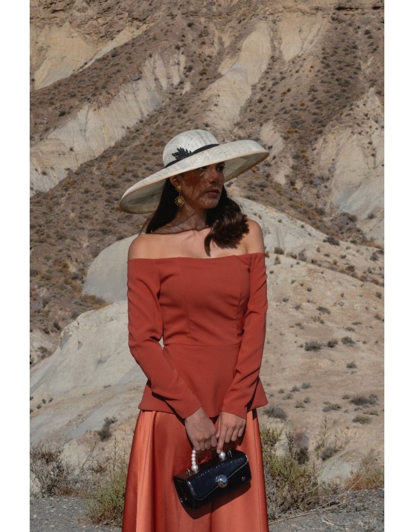 Guest ensemble with bardot neckline top and flared skirt 2