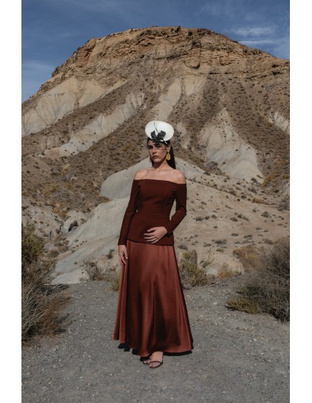 Guest ensemble with bardot neckline top and flared skirt