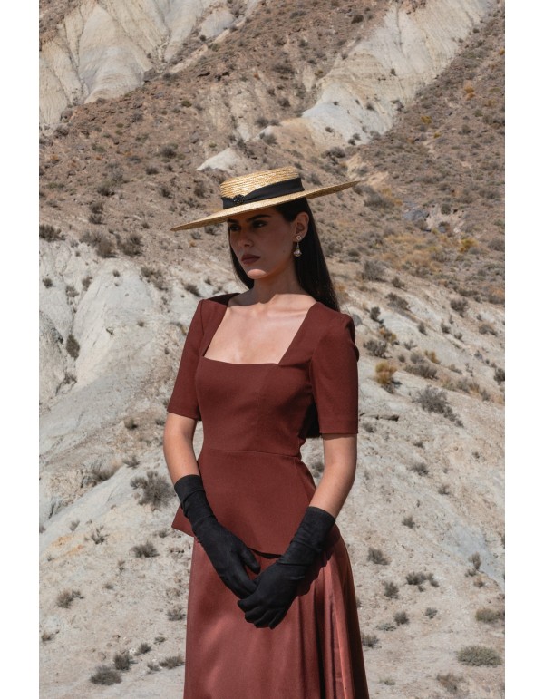 Brown two-piece set with satin top and flared skirt 2