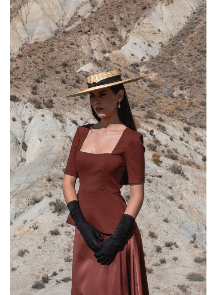 Brown two-piece set with satin top and flared...